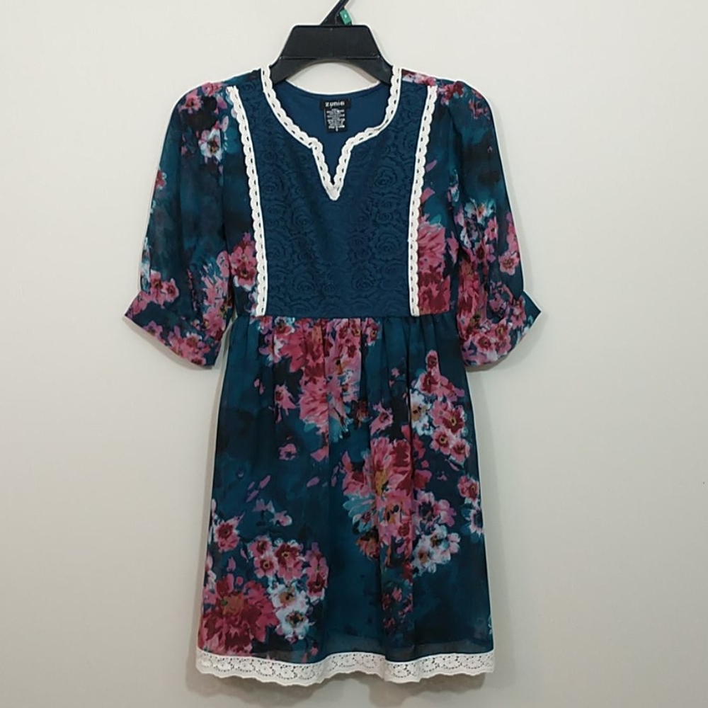Zunie fall dress teal and berry lace trim 8 girls